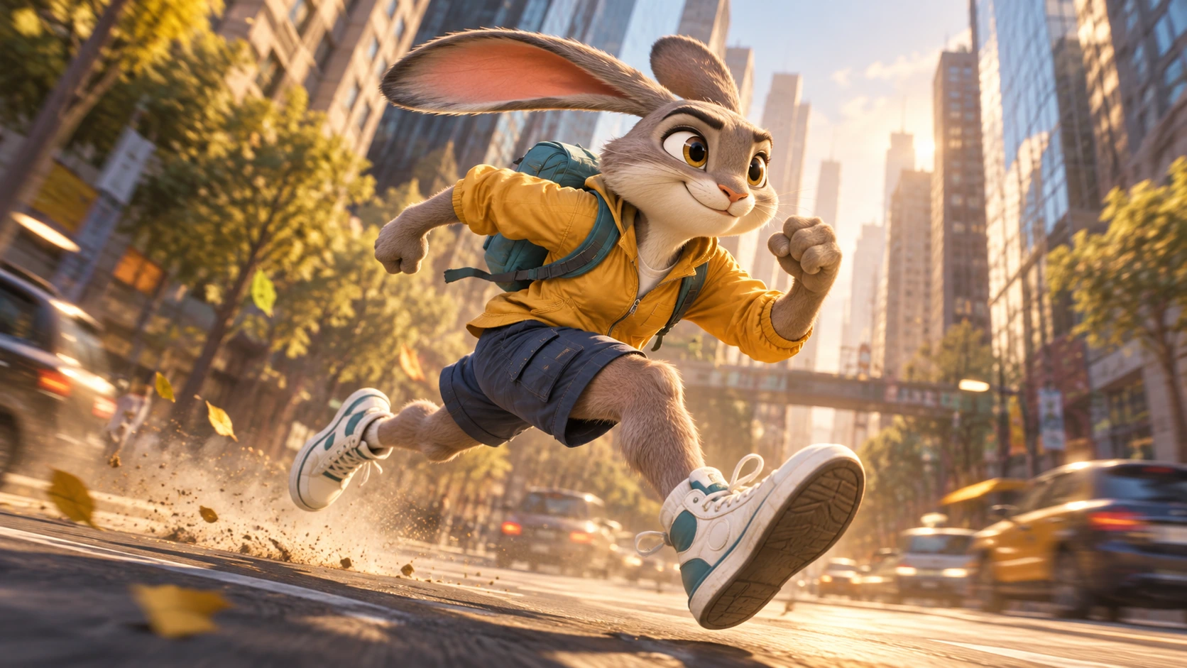 A cartoon rabbit courier running through a sunlit city