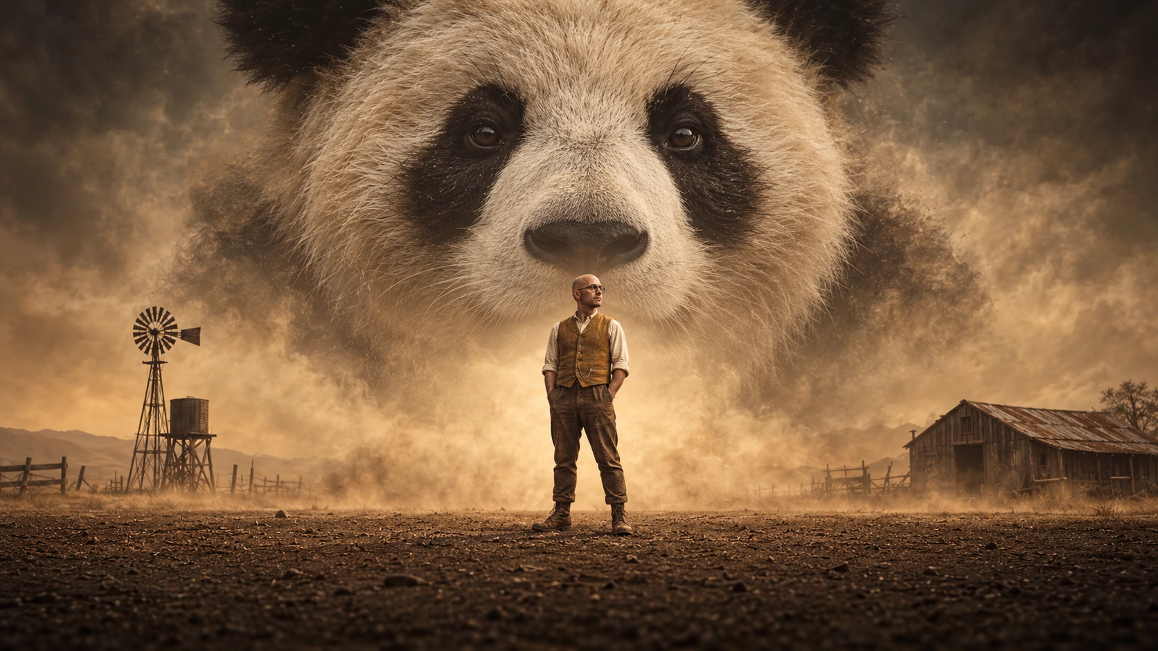 A miniature traveler facing a giant panda in a cinematic landscape