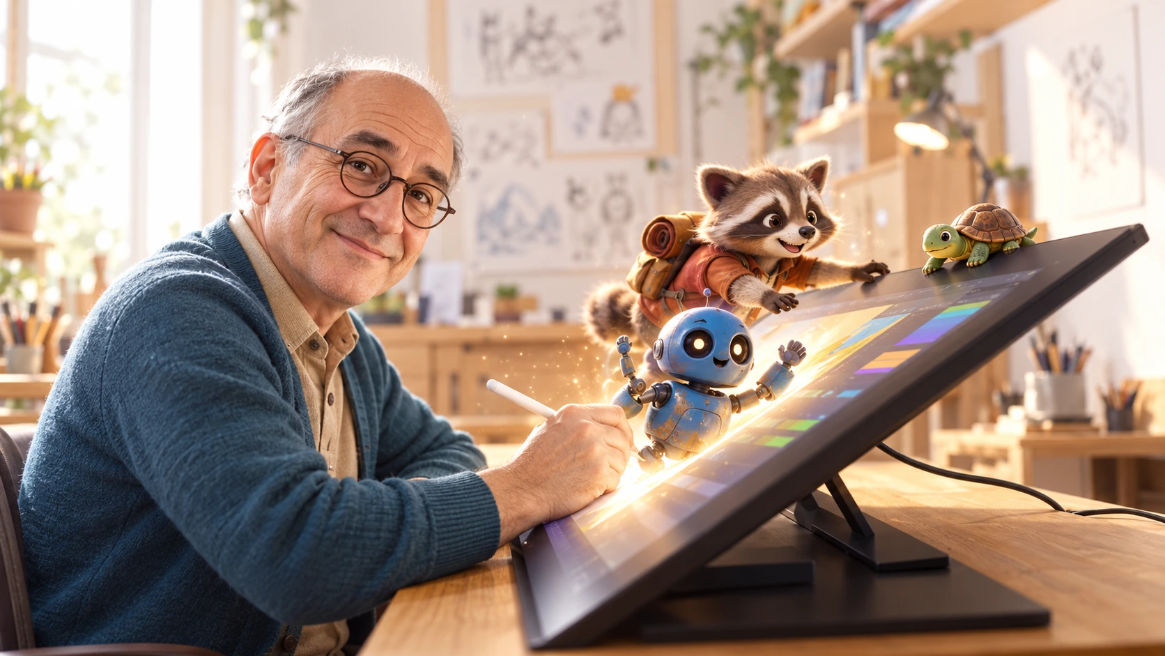 An older designer developing animated characters on a pen display