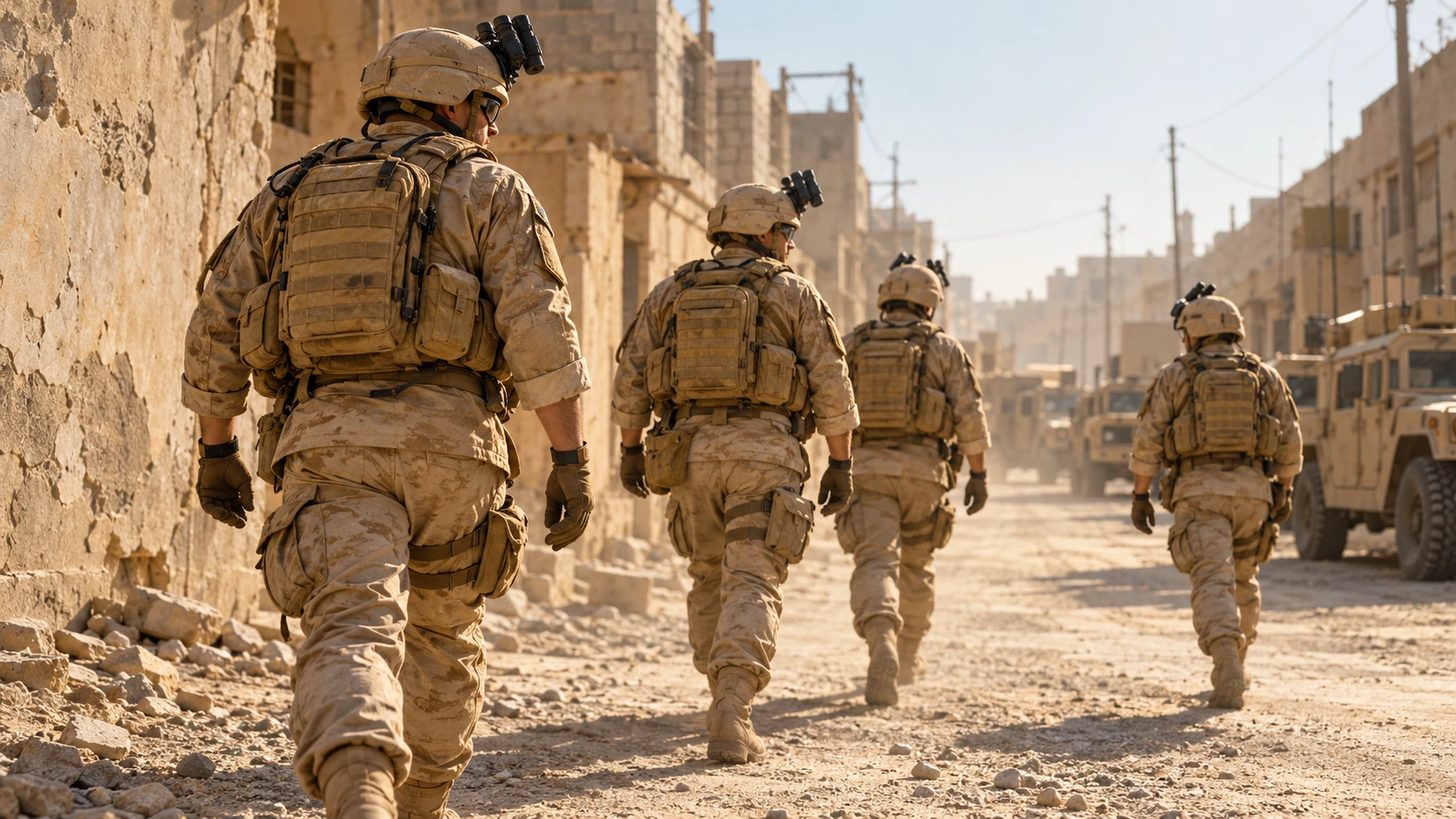 A military squad walking through a dusty street, seen from behind