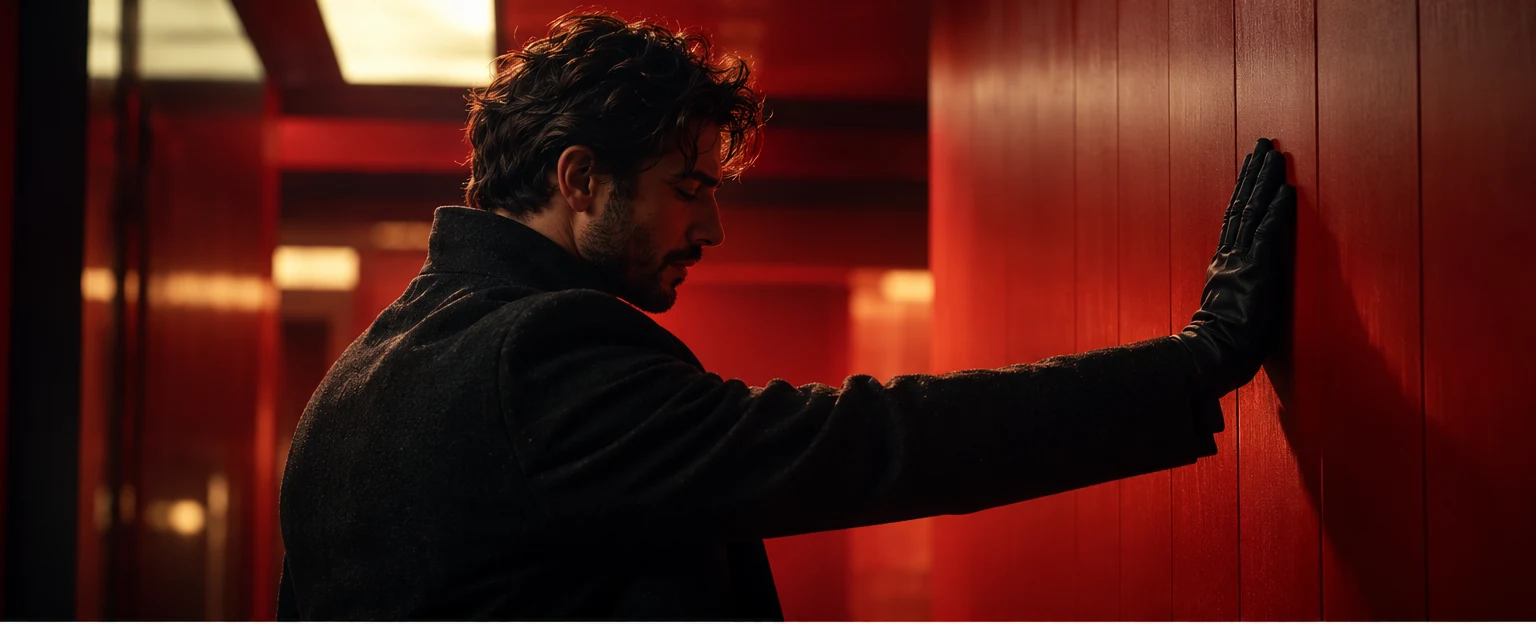 A dramatic cinematic scene with a man beside a red wall