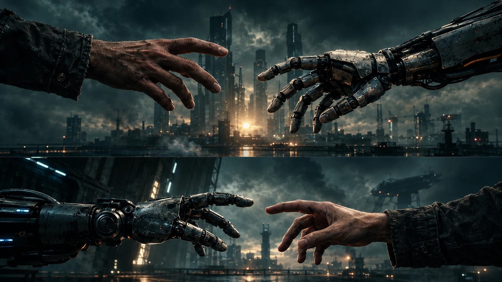 Human and robot hands reaching toward each other in cinematic scenes