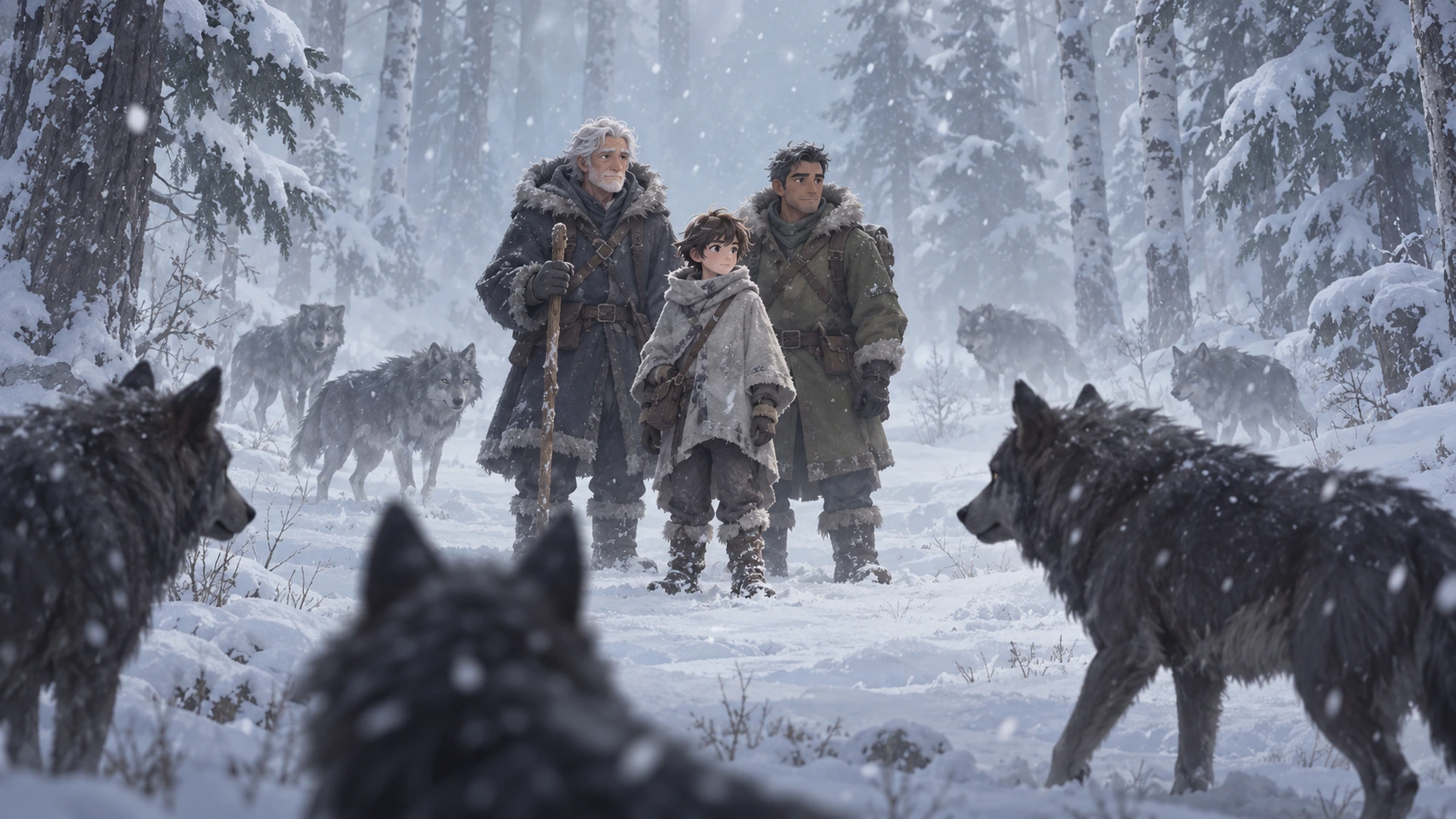 Three travelers and wolves in a snowy forest