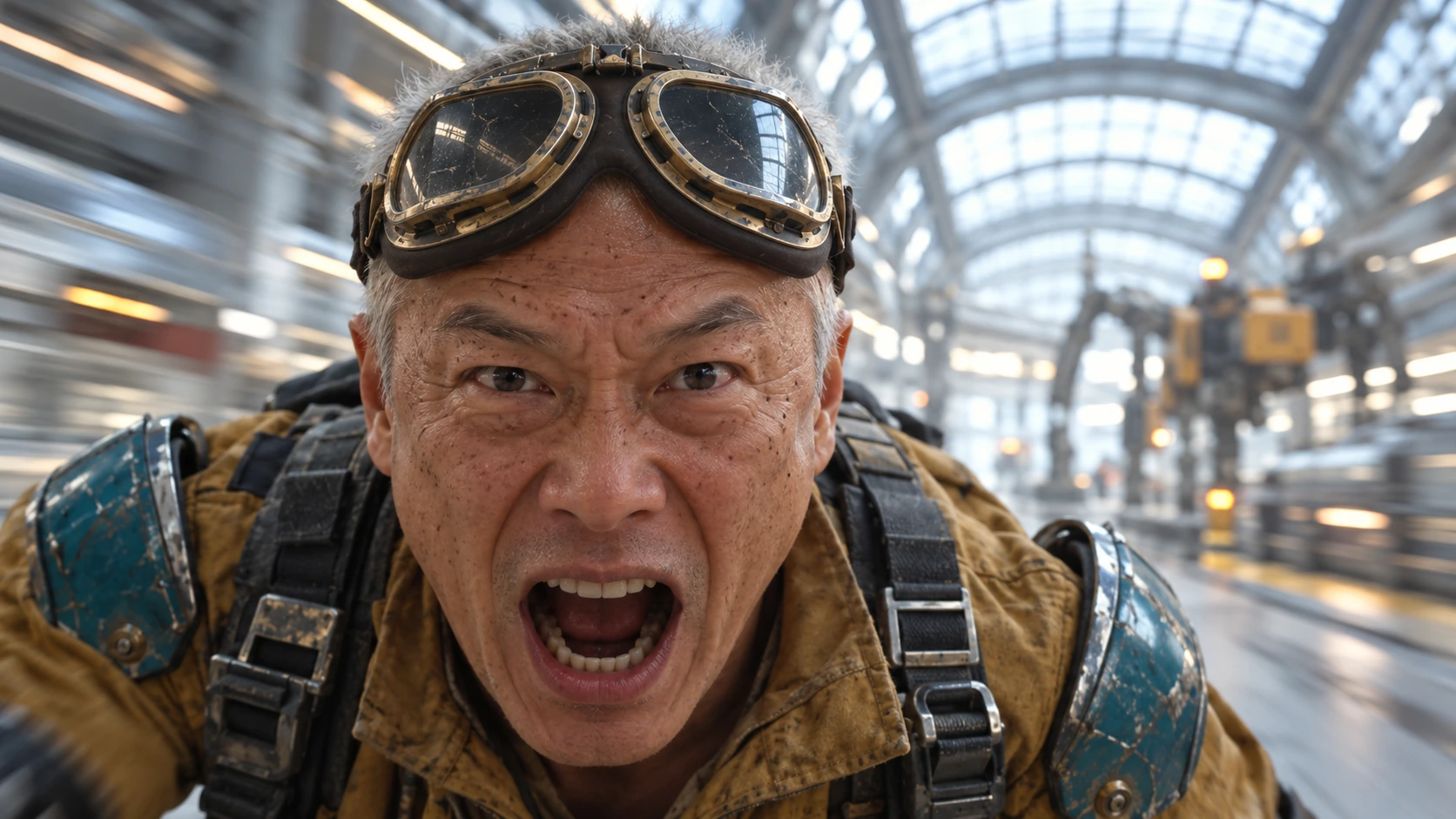 A silver-haired mechanic with brass goggles running through a futuristic station