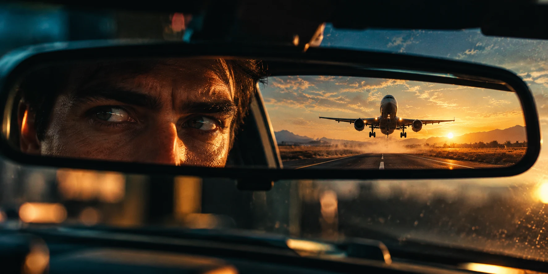 A cinematic rear-view mirror framing a driver and an aircraft