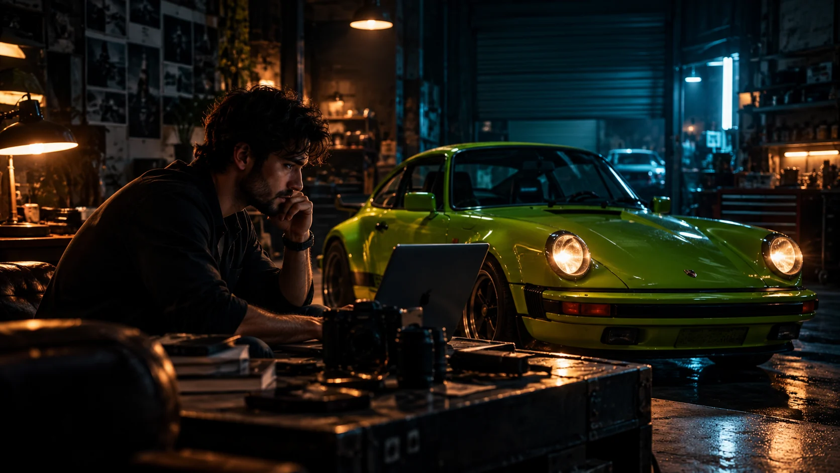 A creator at a laptop beside a green sports car on a rainy city street