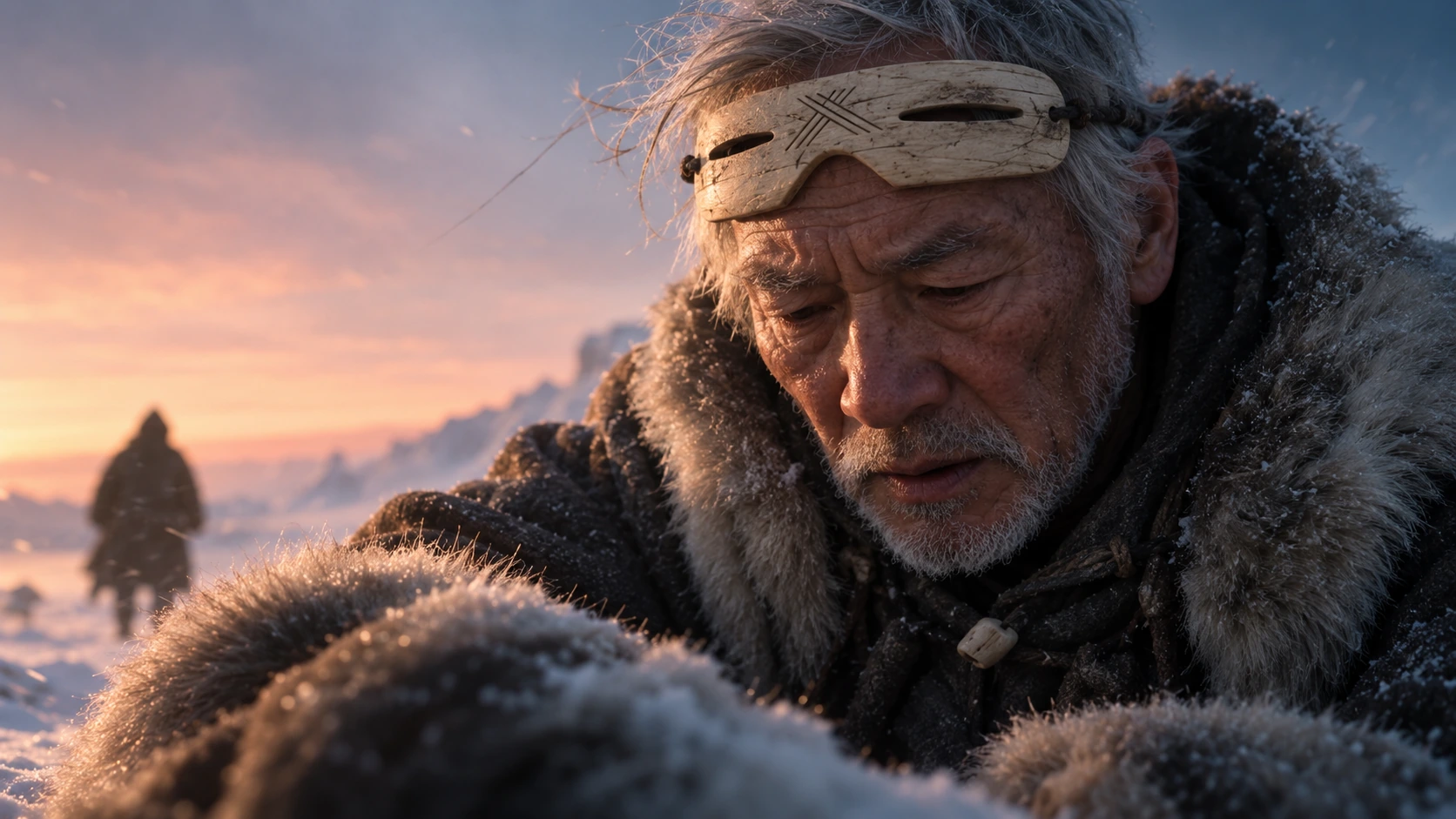 An elderly winter traveler with goggles in a snowy landscape