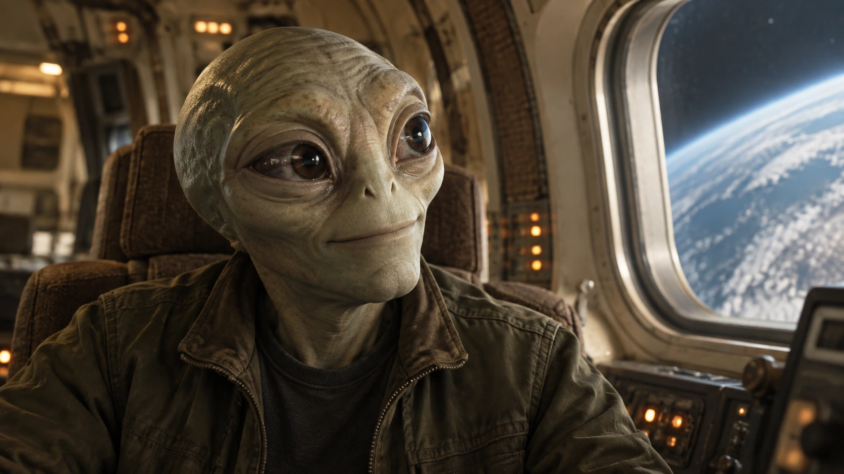 An alien traveler seated inside a spacecraft beside a planet-view window