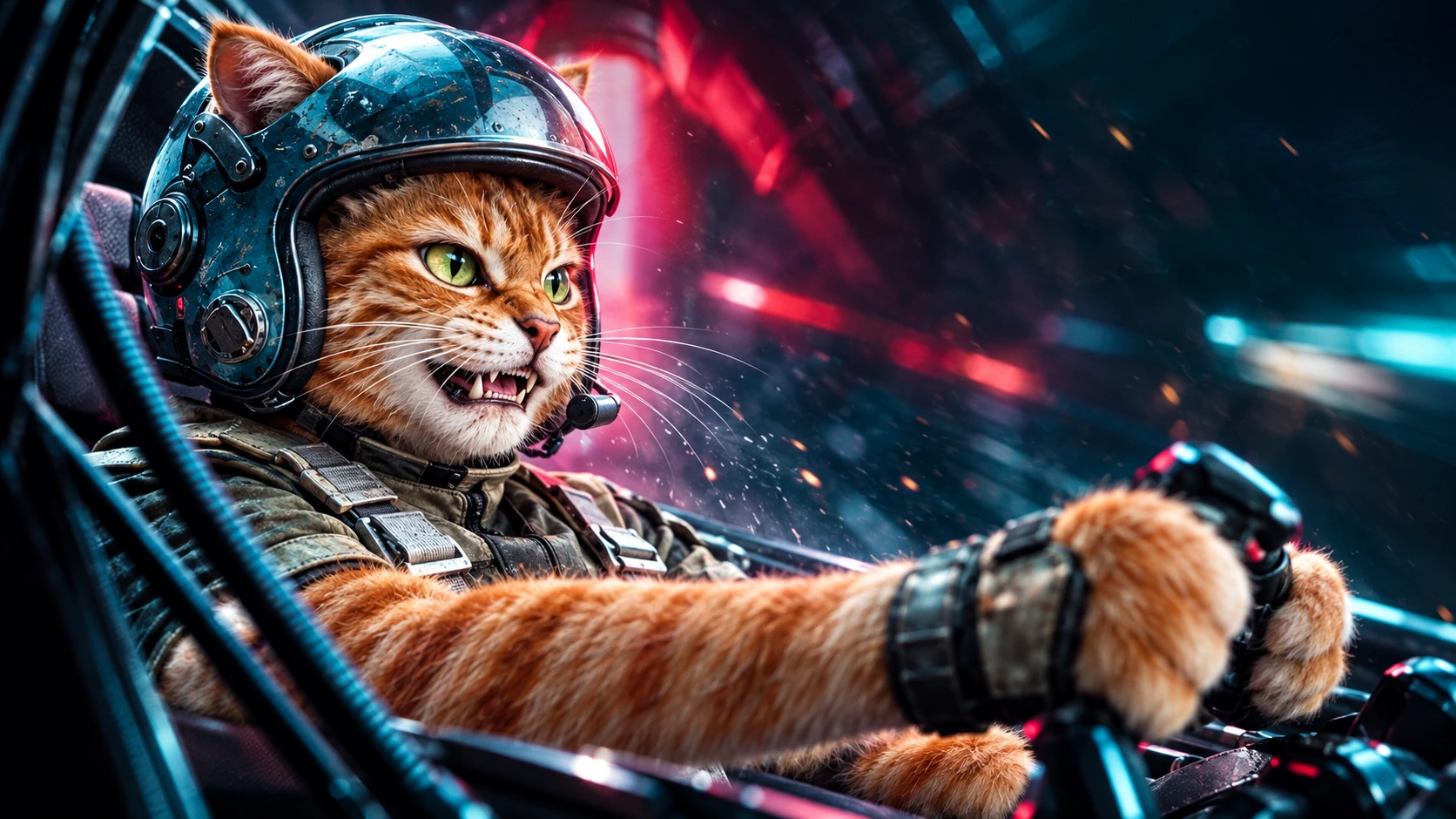 A helmeted cat driving through a neon-lit city at night